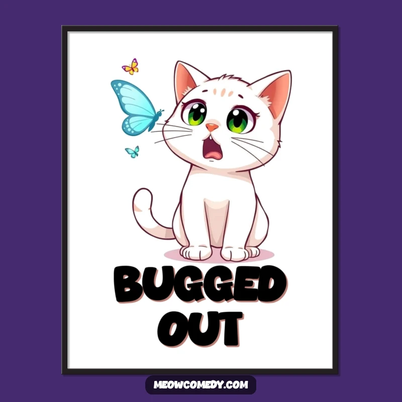 Funny Cat Digital Art: Startled Eyes Butterfly Dance - Instant Gift