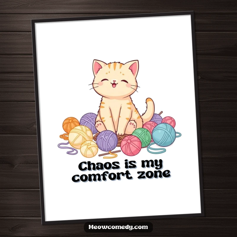 Funny kawaii cat digital art print showing a pleased cat happy in a yarn pile, instant download gift.
