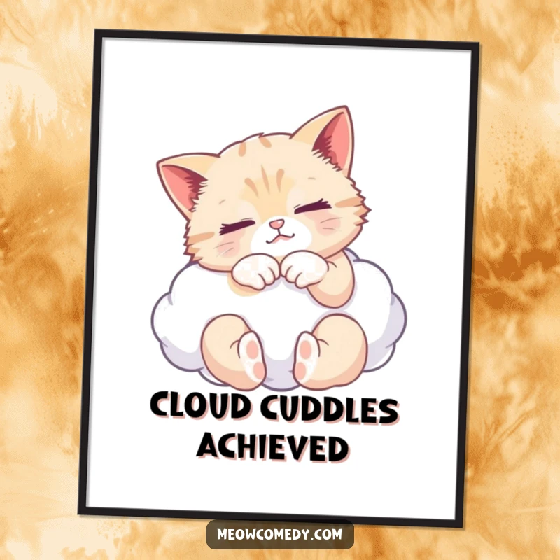 Funny, printable digital art of a serene cat looking content while kneading a fluffy cloud, ideal for wall decor.