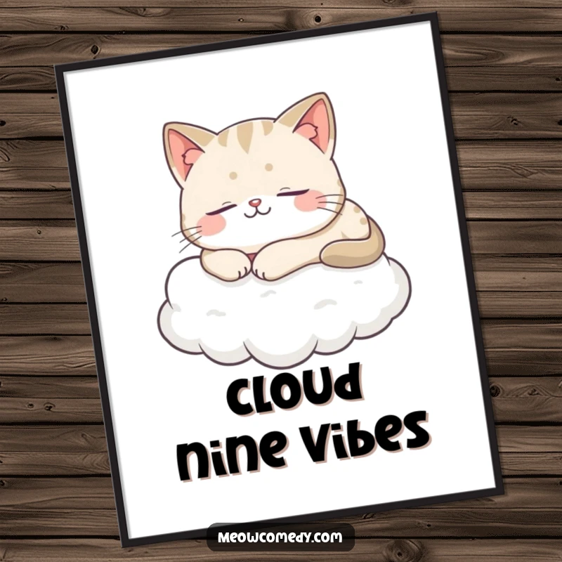 Funny Cat Digital Art Print showing a fluffy cat blissfully sleeping on a soft cloud, radiating peace.