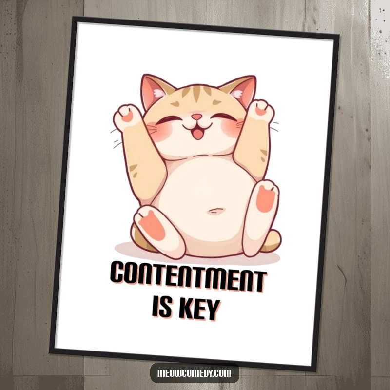 Funny digital art of a happy cat rolling on its back, sighing contentedly and showing its belly, creating a warm and humorous atmosphere.