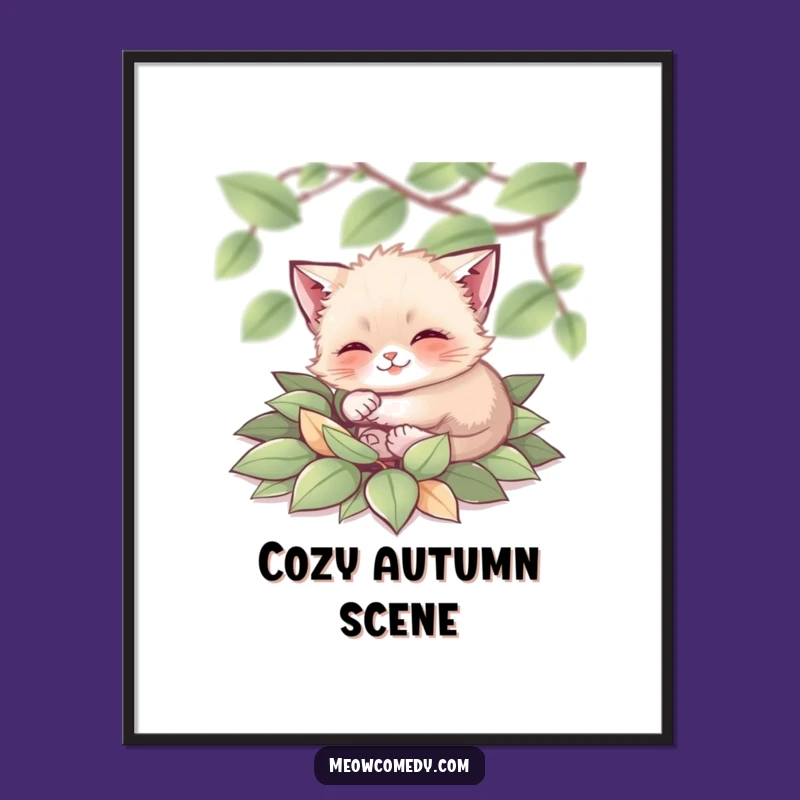 Funny Tiny Cat Digital Art: Leaf Pile Joy Print - Instant Autumn