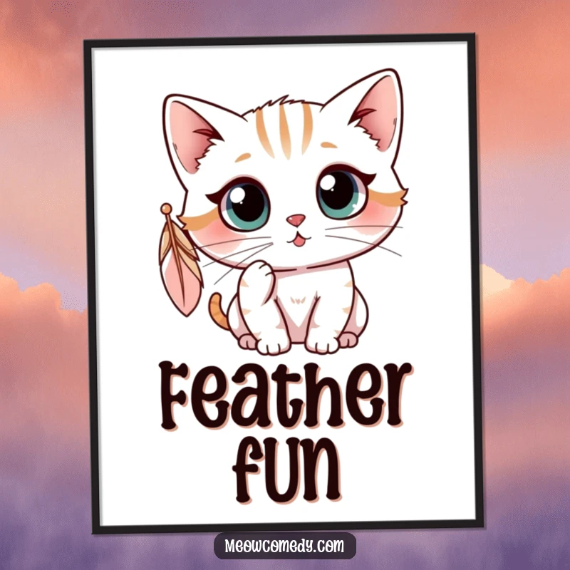 Funny kawaii cat with wide, curious eyes batting at a dangling feather, humorous and cute digital art print.