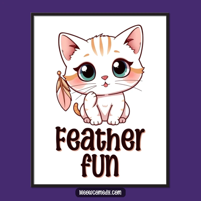 Funny Kawaii Cat Feather Digital Art: Curious Kitty Print, Hilarious Gift Download