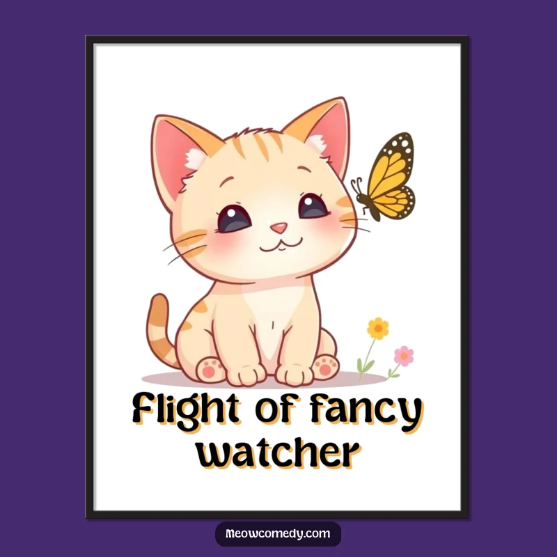 Funny Curious Cat Digital Art Print - Perked Ears Kitten Butterfly Decor