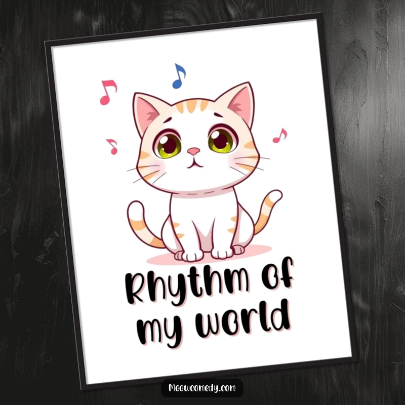 Funny digital art of a wide-eyed cat mesmerized by a whimsical dancing musical note, creating a joyful and humorous visual.