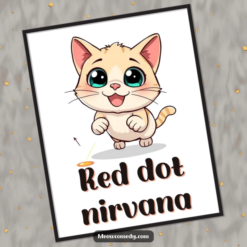 Funny Cat Digital Art Print showing a black cat's ecstatic, wide-eyed pursuit of a gleaming red laser dot.