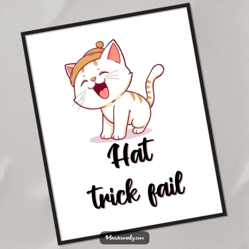 Funny cat digital art print, capturing a silly cat tripping over its tail, instant downloadable humorous art for playful decor.