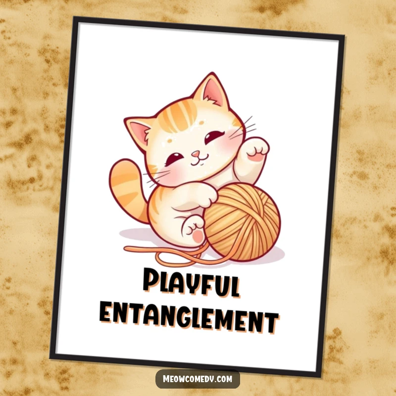 Funny cat yarn digital art print, hilariously tumbling with a ball of string, vibrant and playful, instantly downloadable wall decor.