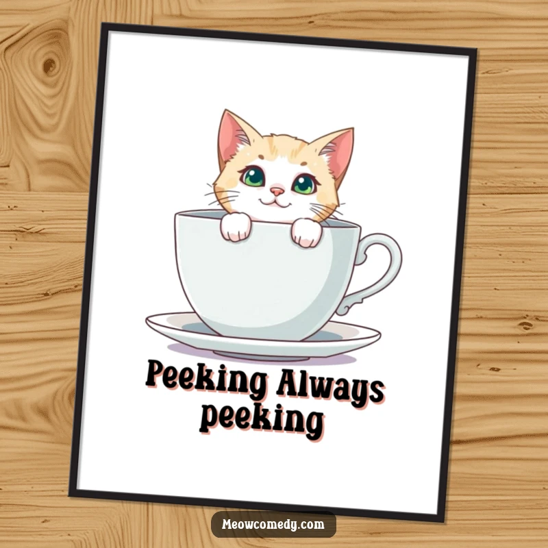 Funny Curious Cat Digital Art: A cat peeks inquisitively from behind a comically large teacup, embodying curiosity in this artwork.