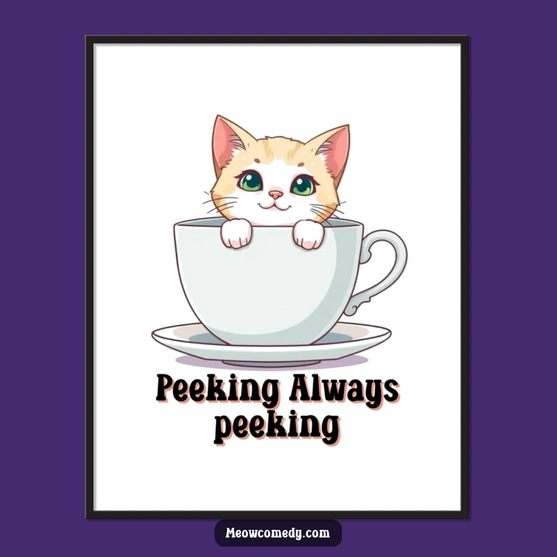 Funny Curious Cat Digital Art: Teacup Peeking Feline Print Gift