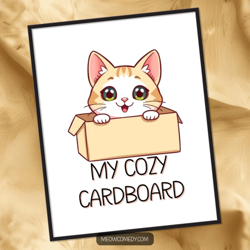 Funny Cat Digital Art Print: An excited cat with wide eyes peeking out of a box, capturing a moment of playful surprise.
