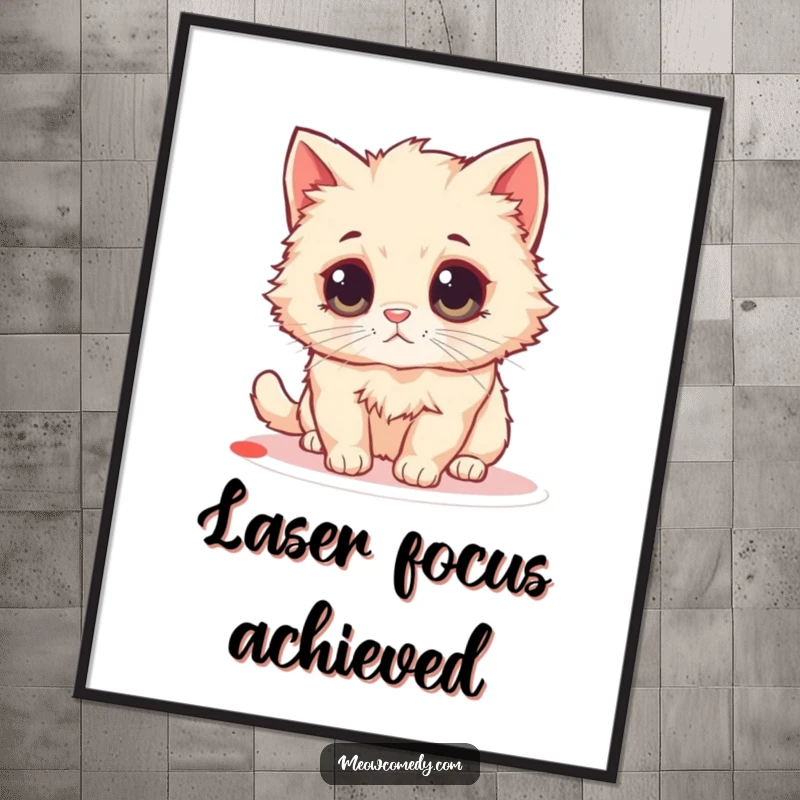 Funny Fluffy Cat Digital Art: A fluffy cat with enormous eyes is comically fixated on chasing a tiny laser pointer dot.