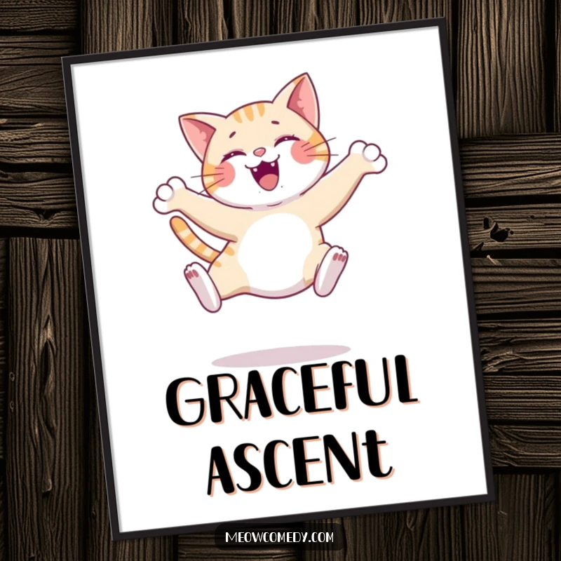 Funny happy cat leap digital art print, mid-graceful jump, elegant and joyful, vibrant, instantly downloadable wall decor.