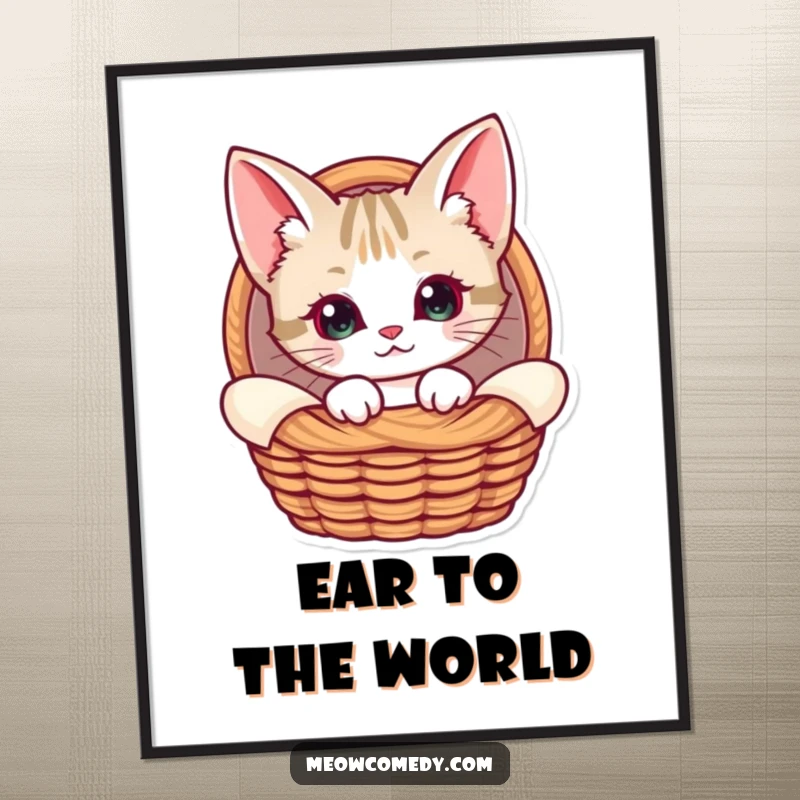 Funny Kawaii Cat Digital Art Print, showing a cat with large ears curiously peeking from a cozy basket, adding heartwarming charm and gentle humor.