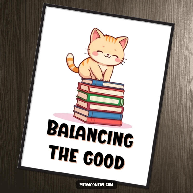 Funny kawaii cat precariously balancing on a stack of books, a charming and humorous digital art print.