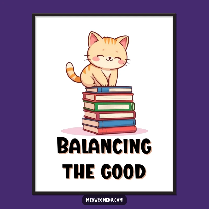 Funny Kawaii Cat Book Balance Digital Art: Instant Download for Whimsical Decor