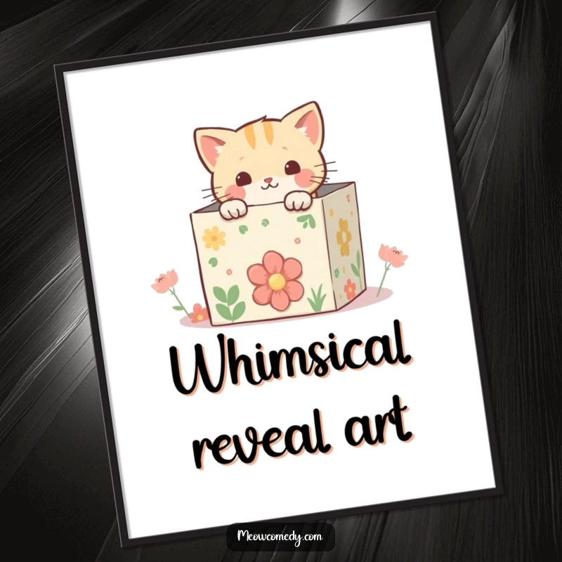 Funny kawaii cat peeking from inside a whimsical, decorated box, perfect for digital decoration or printable art with playful charm.