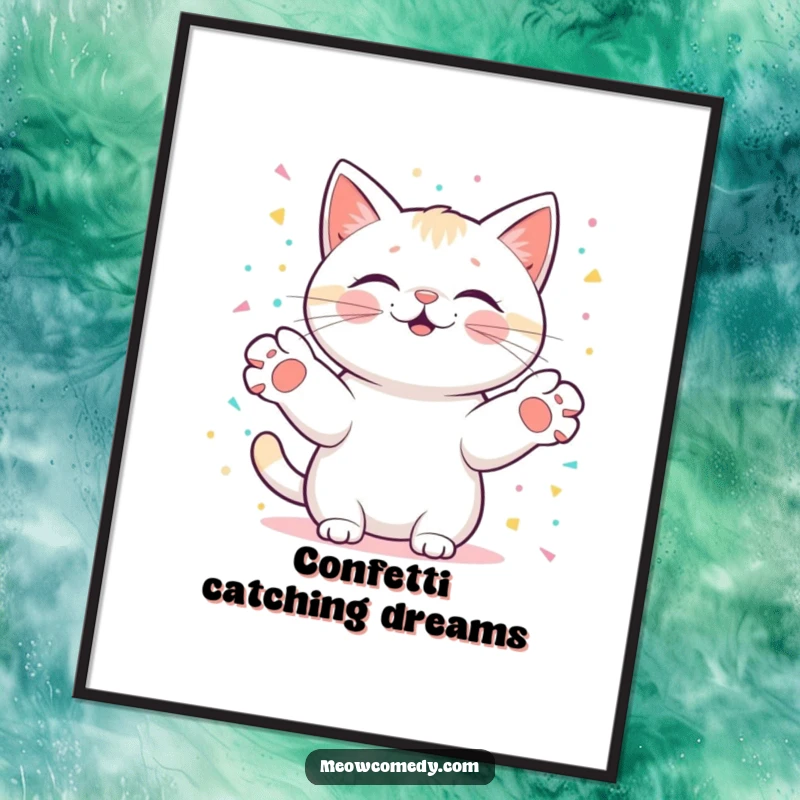 Funny kawaii cat with paws outstretched, catching digital confetti, perfect for digital decoration or printable art with a joyful vibe.