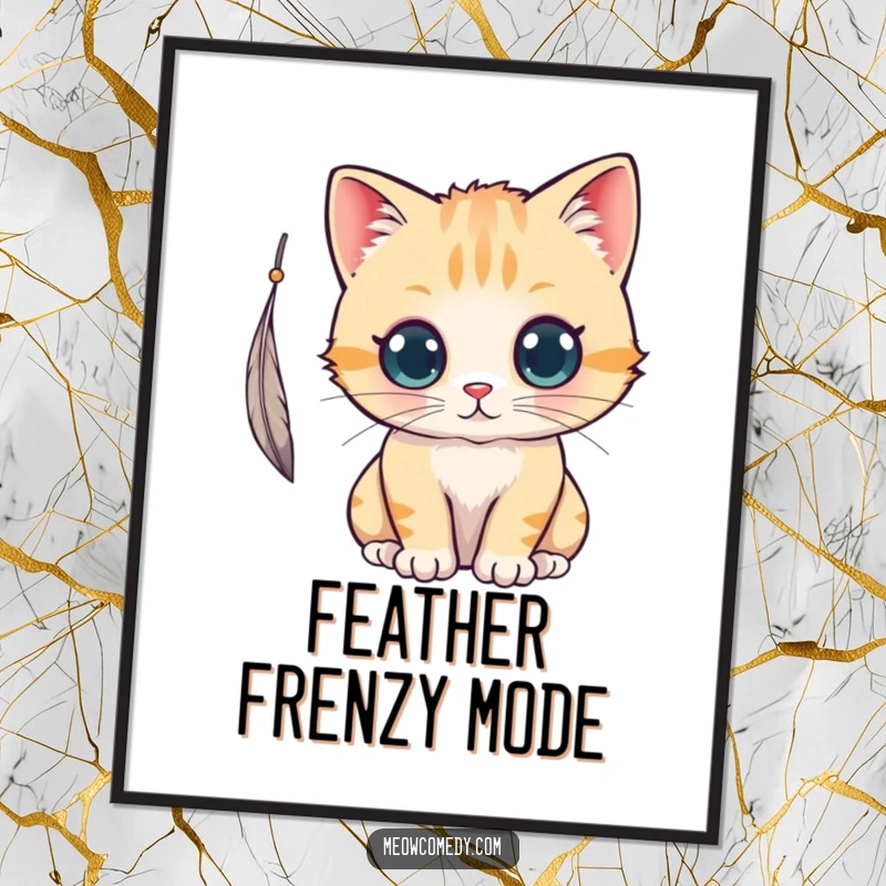 Funny kawaii cat with curious eyes batting at a dangling feather, a charming and humorous digital art print.