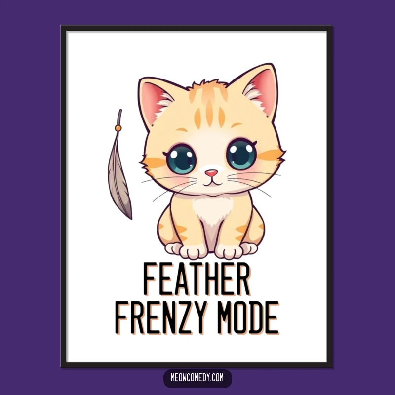 Funny Kawaii Cat Feather Play Digital Art: Instant Download for Whimsical Decor