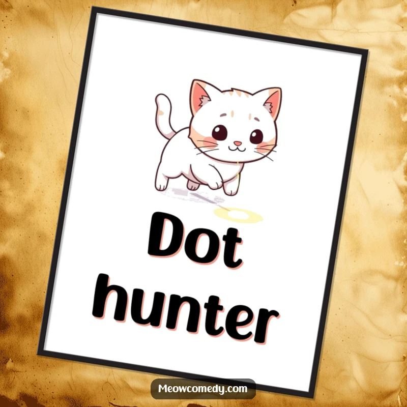 Funny kawaii cat playfully chasing a red laser dot across a floor, humorous and energetic digital art print.