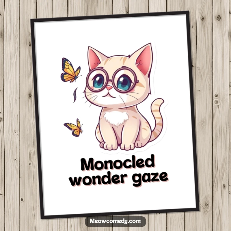 Funny kawaii cat wearing a monocle, looking surprised by a butterfly, perfect for digital decoration or printable art with whimsical charm.