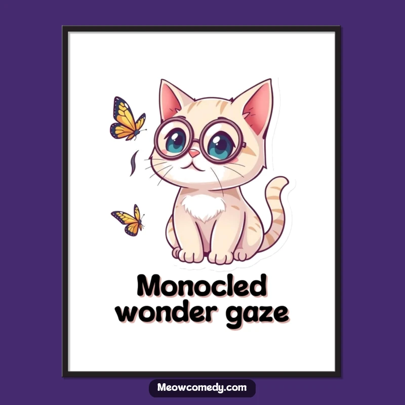 Funny Kawaii Cat Monocle Digital Art: Surprise Moment, Instant Gift