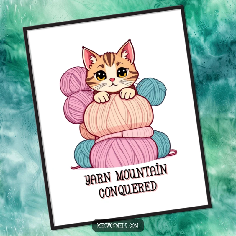 Funny cat digital art print of a mischievous cat peeking playfully over a tall stack of colorful yarn balls with a sly expression.
