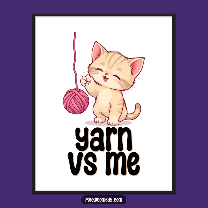Funny Playful Kitten Digital Art: Yarn Batting Feline Print Gift