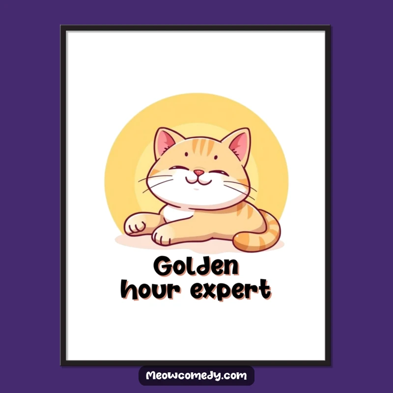 Funny Smiling Cat Digital Art Print - Lazy Sunbeam Stretch Decor