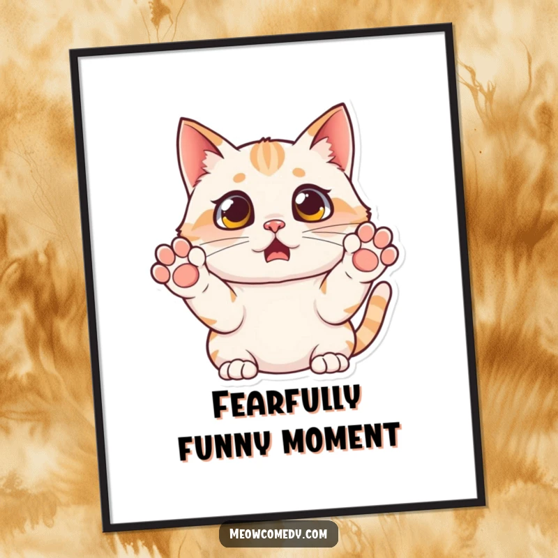 Funny surprised cat digital art print, paws up in mock fear, eyes wide, vibrant and humorous, instantly downloadable wall decor.