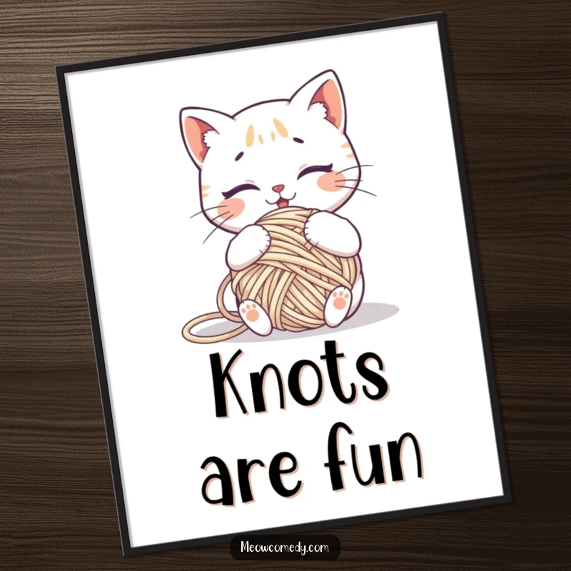 Funny kawaii cat hilariously tangled in a ball of yarn, printable humorous wall art.