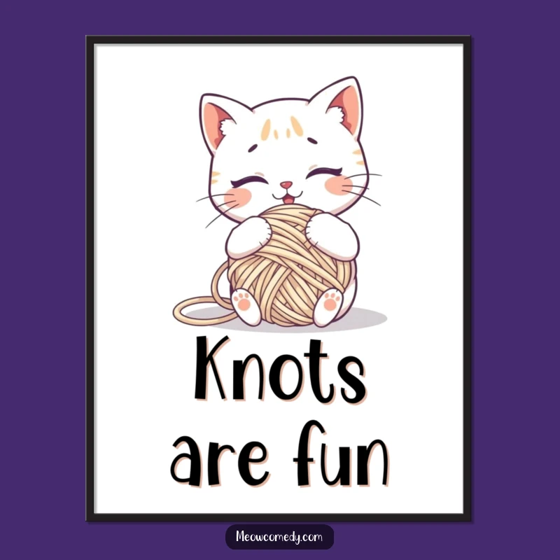 Funny Kawaii Cat Yarn Tangled Digital Art: Humorous Printable for Crafters Gift