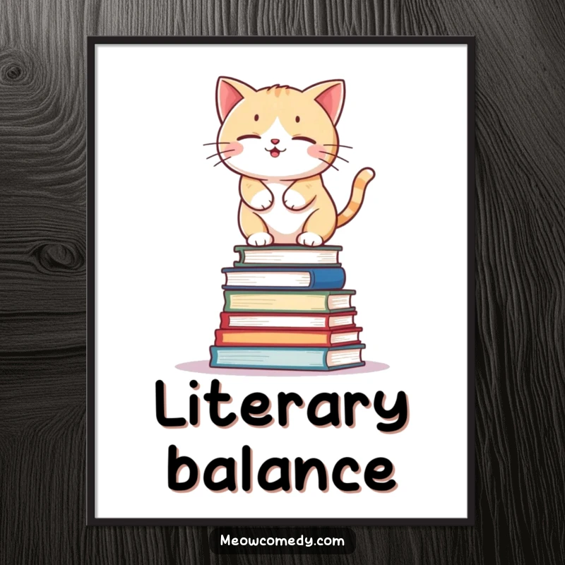 Funny kawaii cat attempting to balance on a wobbly stack of books, humorous and cute digital art print.