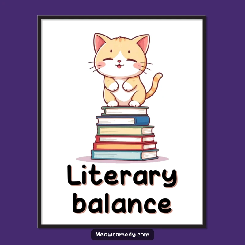 Funny Kawaii Cat Book Stack Digital Art: Wobbly Kitty Print, Hilarious Gift Download