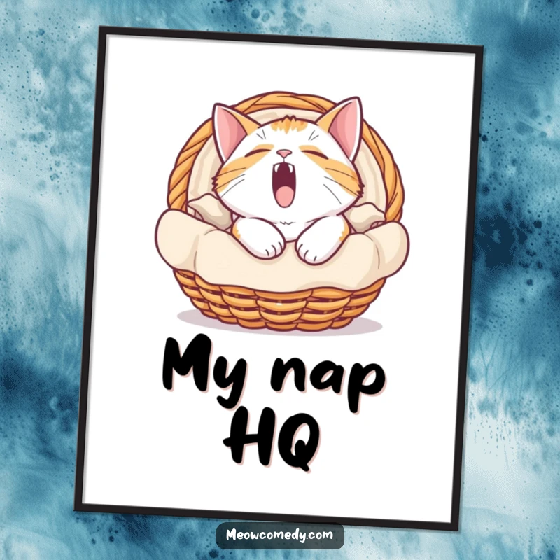 Funny digital art print of a cat yawning enormously inside a cozy basket, perfect for humorous home or office decor.