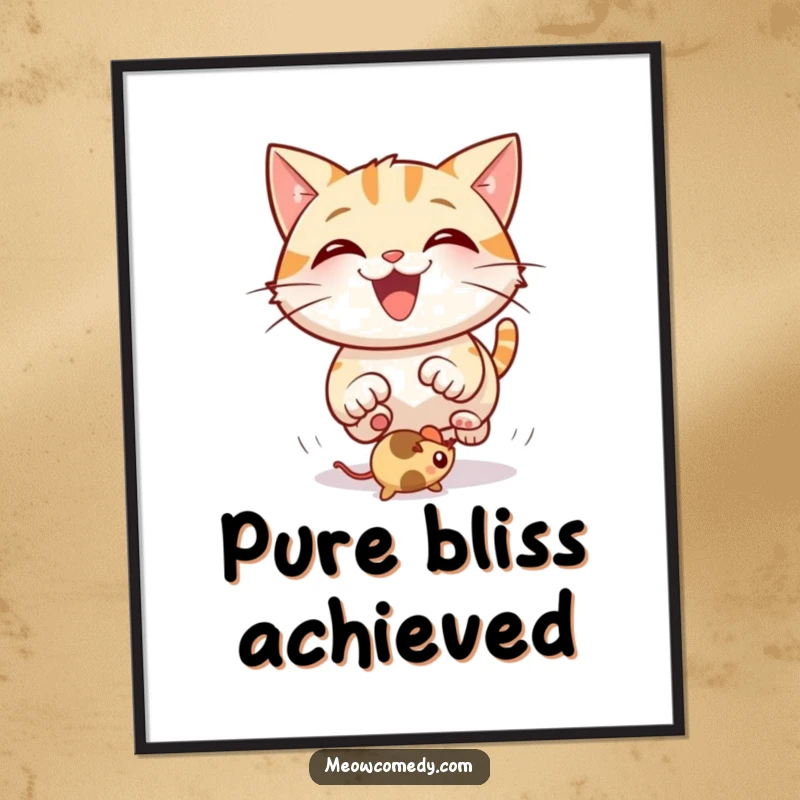 Funny Cat Digital Art Print: High-resolution art of a happy cat with a wide grin, joyfully chasing a bouncing mouse toy.