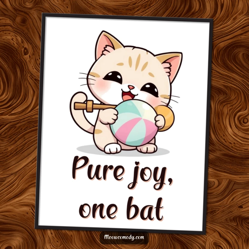 Funny digital art print of a kawaii cat joyfully batting a colorful ball, exuding cuteness and humor.