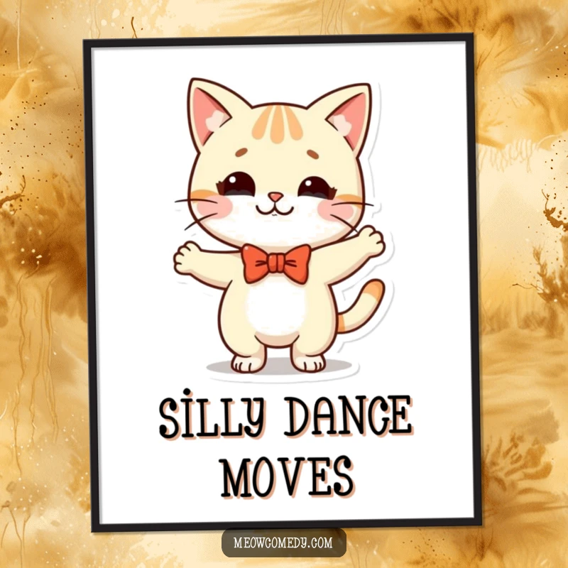 Funny Kawaii Cat Digital Art: a cute cat in a bow tie, dancing silly, a downloadable print for instant cheerful decor.
