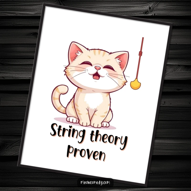 Funny cat digital art print of a cat joyfully batting at a dangling string toy with its paws, full of playful energy.