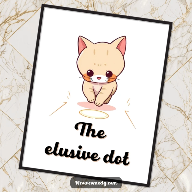 Funny digital art print of a kawaii cat playfully chasing a red laser dot across a floor, depicting energetic fun.