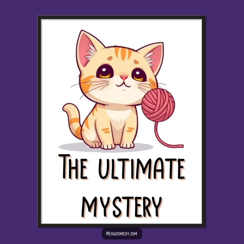 Funny Curious Cat Digital Art: Yarn Ball Wonder for Instant Wall Decor