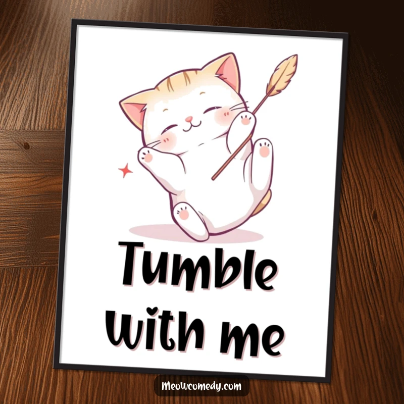 Funny Kawaii Cat Digital Art: A cute cat tumbling with a feather toy, downloadable art.