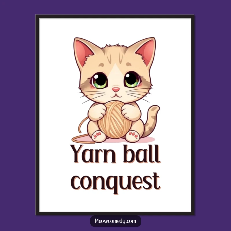 Funny Cat Yarn Digital Art Print - Playful Big Eyed Kitten Decor