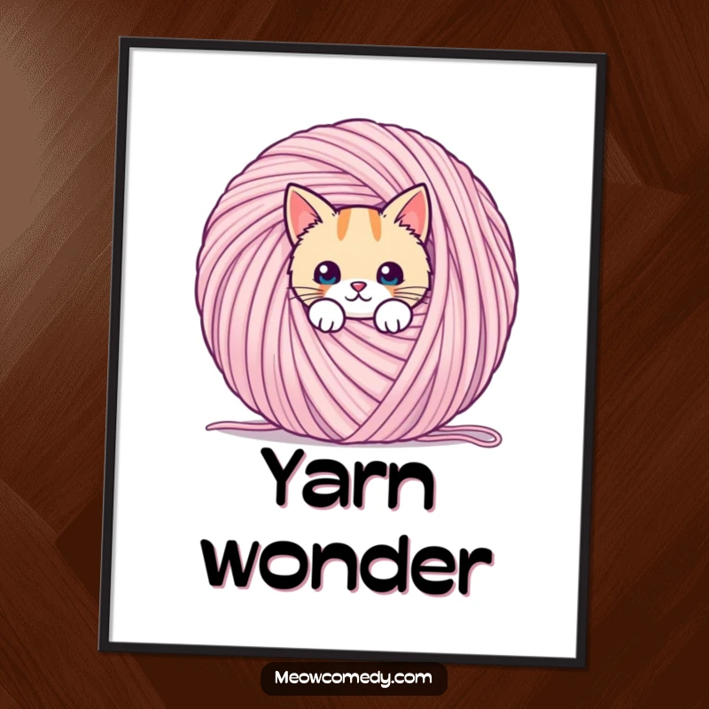 Funny digital art print of a kawaii cat peeking from behind a giant ball of yarn, depicting playful mischief.