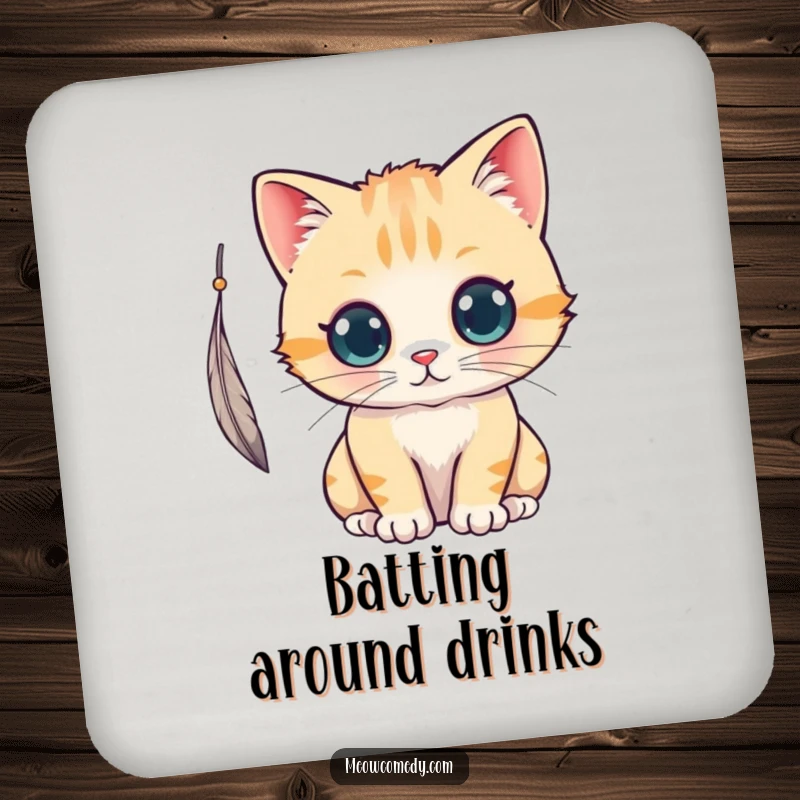 Funny kawaii cat batting at a feather, a charming and humorous drink coaster.