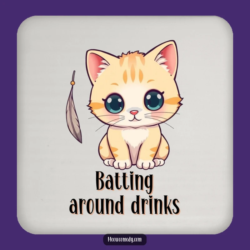 Funny Kawaii Cat Feather Play Drink Coaster: Protect Surfaces with Playful Cuteness