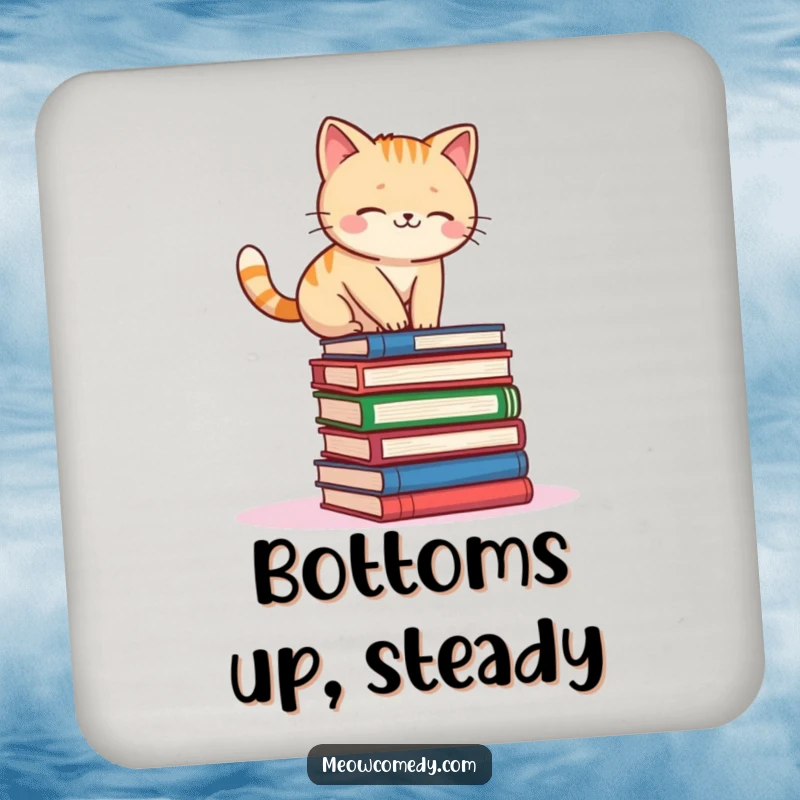 Funny kawaii cat wobbling on a stack of books, a humorous and protective drink coaster.