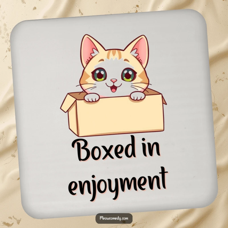 Funny Cat Coaster: A cute cat peeking from a box with wide eyes, protecting your table with feline charm.